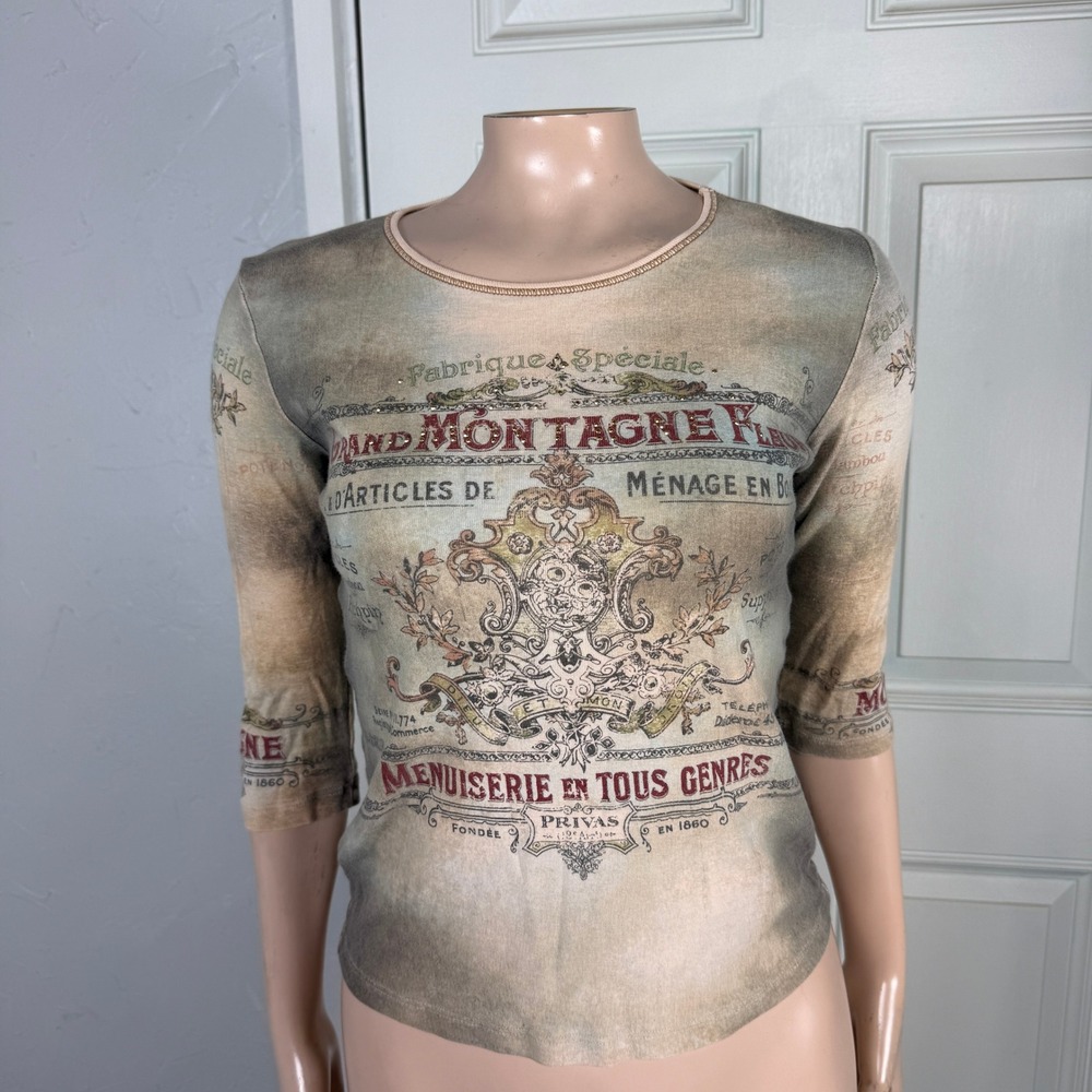 Vintage Y2K Shirt jamee J Cotton Baby Tee Knit Small Print Crew 3/4 Sleeve W3-7